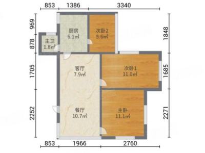 侨苑花园小区3室2厅1卫户型图1