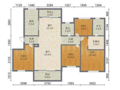 中海山湖世家小区4室2厅2卫户型图1