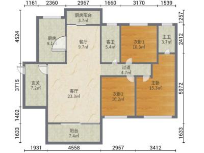 御林湖花园小区3室2厅2卫户型图1