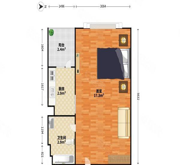 蓝钻双子座楼小区1室0厅1卫户型图
