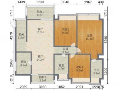 瑞日天下花园小区3室2厅2卫户型图1