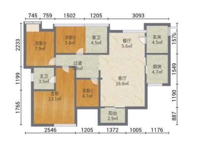 水岸华庭小区4室2厅2卫户型图1