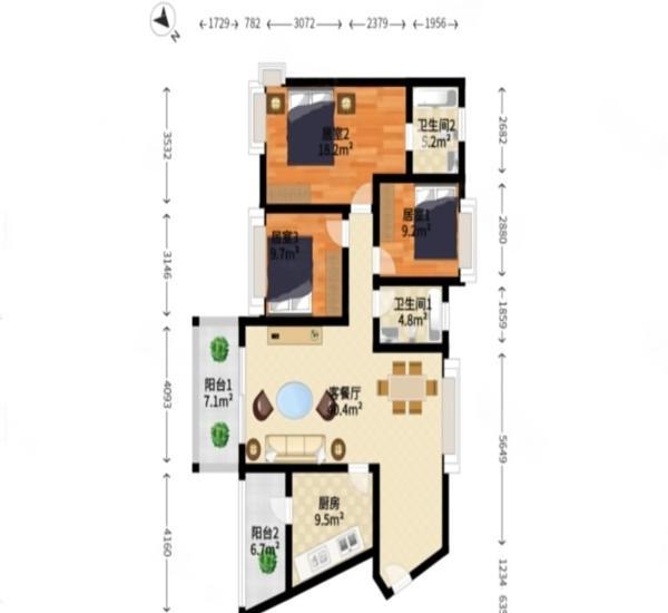 华盈爱琴湾小区3室2厅2卫户型图2