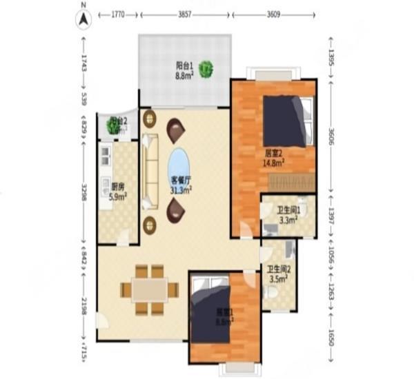 汇星豪庭小区2室2厅2卫户型图5