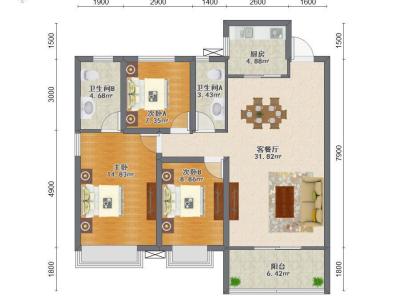 樵汇花园小区3室2厅2卫户型图1