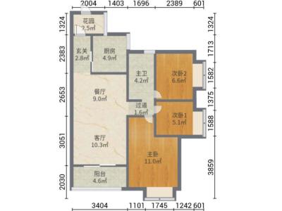 时代水岸小区3室1厅1卫户型图4