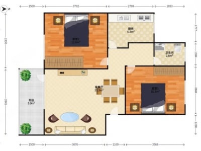 福华新村小区2室1厅1卫户型图1