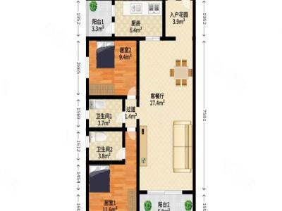 大信溢彩年华小区2室2厅2卫户型图3