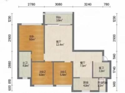 鸿升世纪东方城小区3室2厅1卫户型图1
