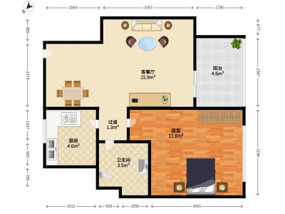 金地国际公寓小区1室2厅1卫户型图4