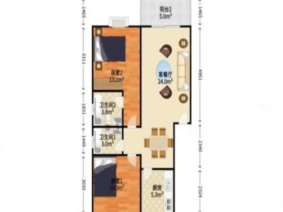 顺景蔷薇山庄小区2室2厅2卫户型图3