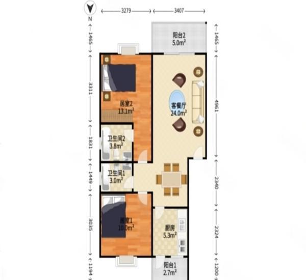 顺景蔷薇山庄小区2室2厅2卫户型图