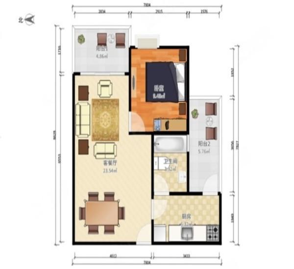 正和中州小区1室1厅1卫户型图2