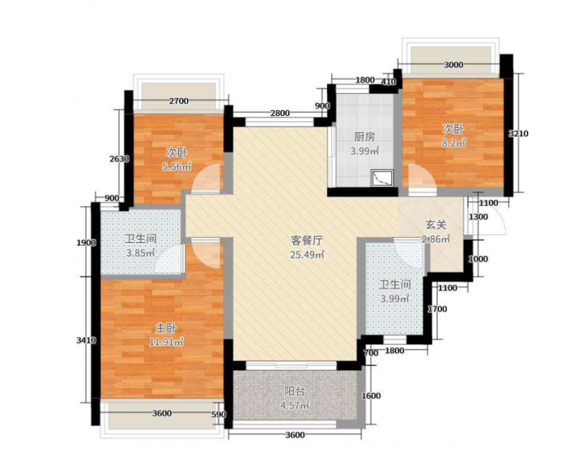 格林泊乐二期小区3室2厅1卫户型图2