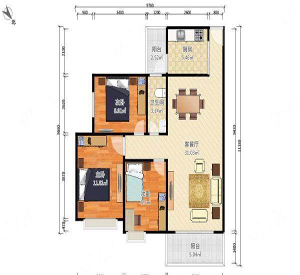 平湖秋月花园小区2室2厅1卫户型图3