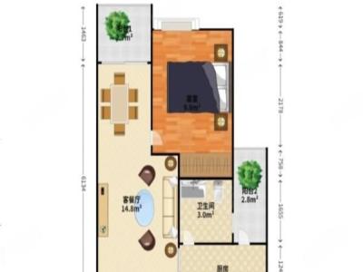 正和中州小区1室1厅1卫户型图2