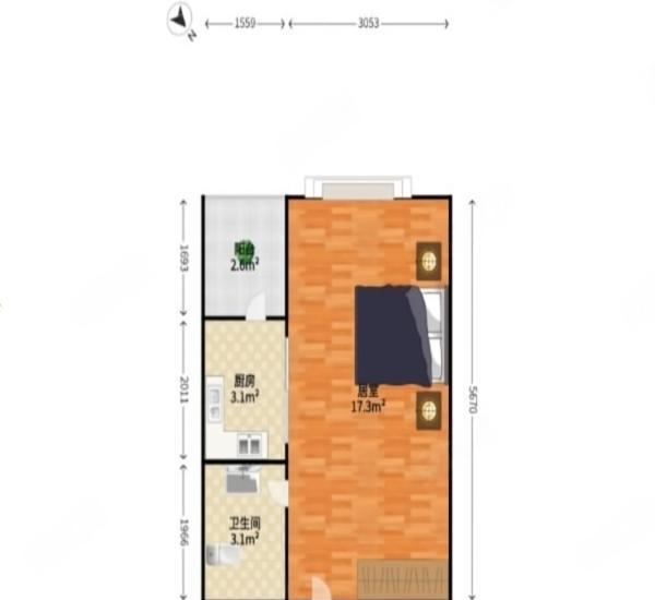 蓝钻双子座楼小区1室0厅1卫户型图2