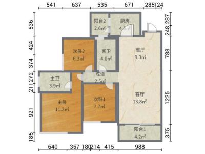 勤天汇小区3室2厅2卫户型图2