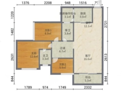 优悦城小区3室2厅2卫户型图2
