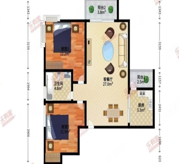 顺景蔷薇山庄小区2室2厅1卫户型图2