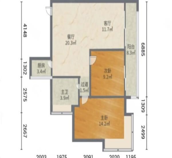 中珠上城一期小区2室1厅1卫户型图2