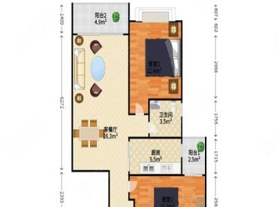 合生上观国际小区2室2厅1卫户型图2